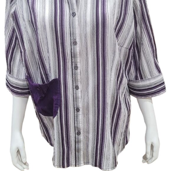 CANDA Women Purple Striped Oversized Shirt Sz Medium Crinkle Patchwork Pockets - Picture 4 of 10